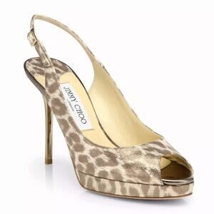 Jimmy Choo Nova Leopard Print Gold Shimmer Leather Slingback Pumps Size 38